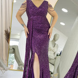 Purple Sequined Maxi Evening Dress