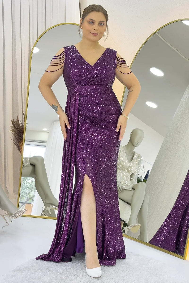 Women's Purple Wrap Neck Omuz Detail Sequin Plus Size Evening Gown
