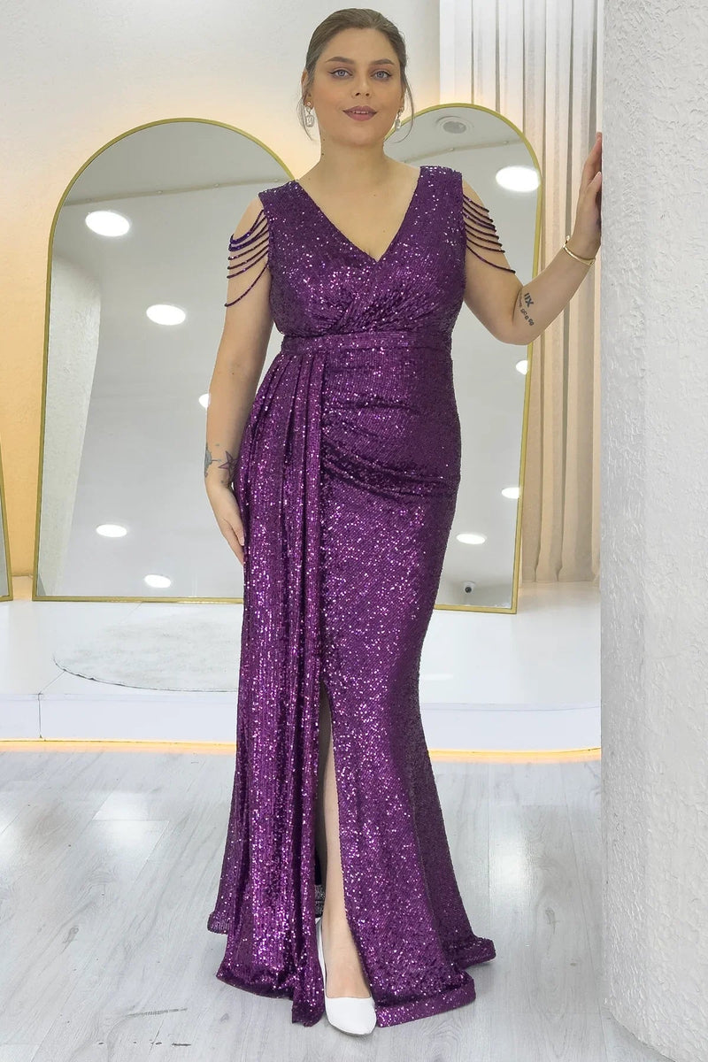 Women's Purple Wrap Neck Omuz Detail Sequin Plus Size Evening Gown