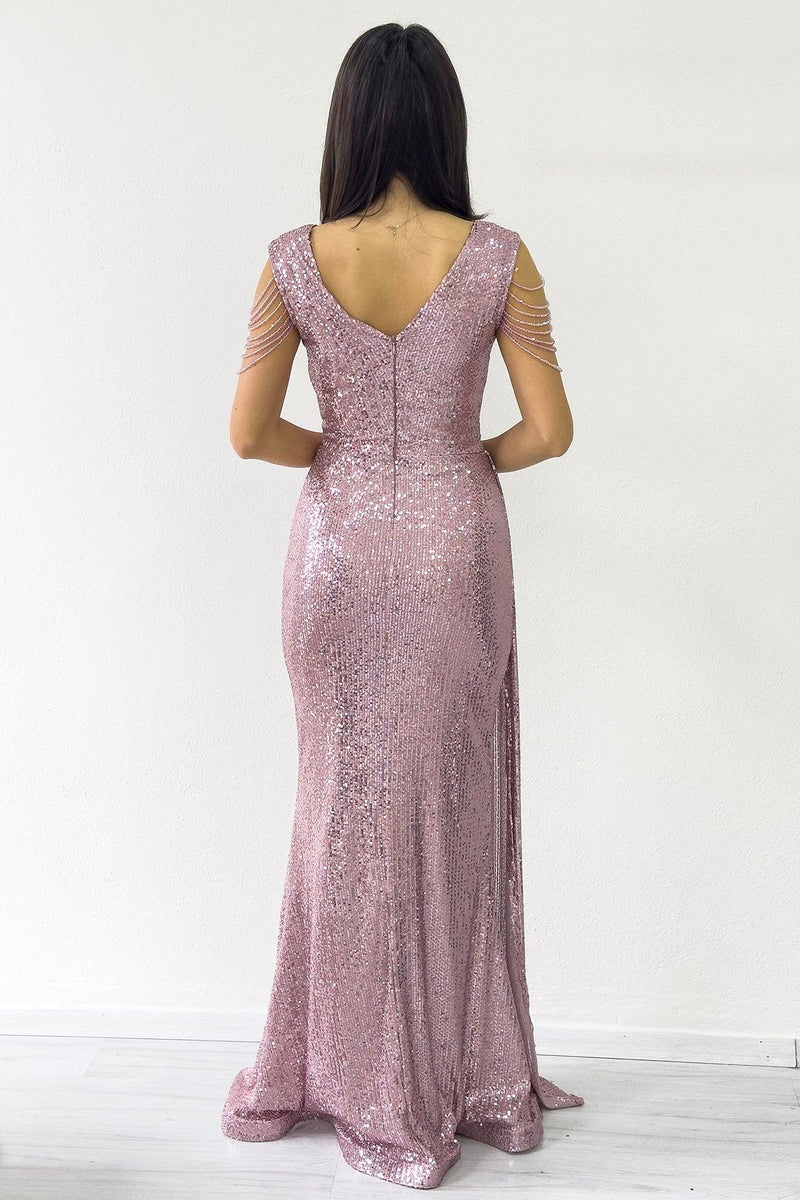 Women's Powder Pink Wrap Neck Omuz Detail Sequin Plus Size Evening Gown