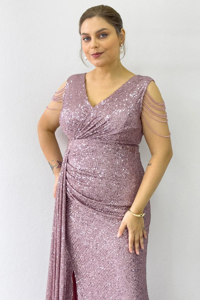 Women's Powder Pink Wrap Neck Omuz Detail Sequin Plus Size Evening Gown
