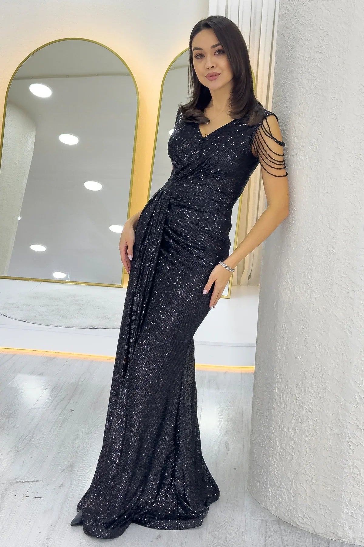 Women's Black Wrap Neck Omuz Detail Sequin Plus Size Evening Gown