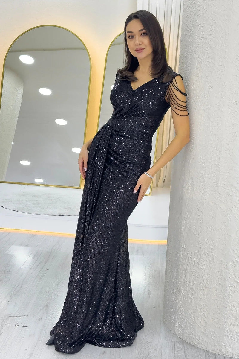 Women's Black Wrap Neck Omuz Detail Sequin Plus Size Evening Gown