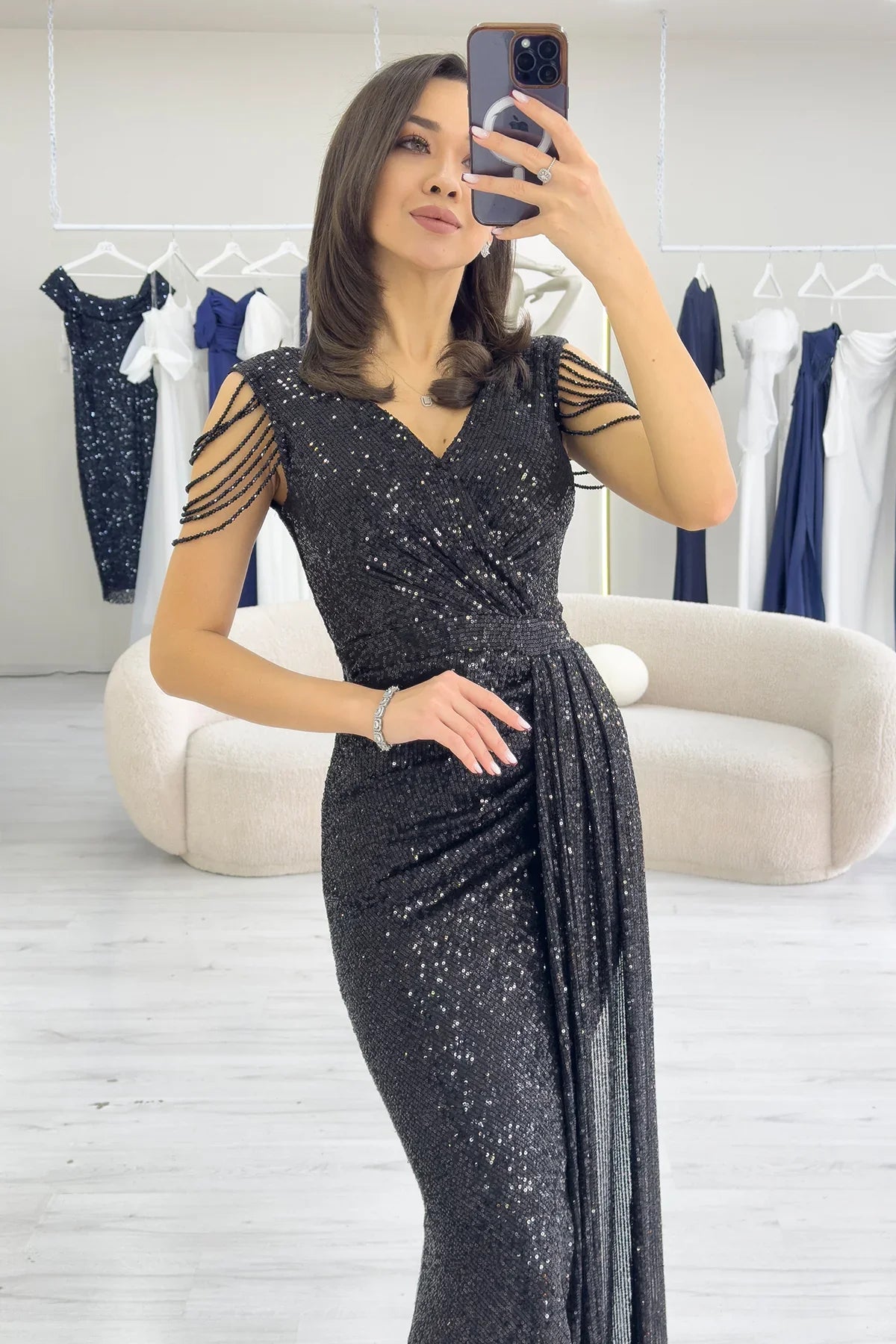 Women's Black Wrap Neck Omuz Detail Sequin Plus Size Evening Gown