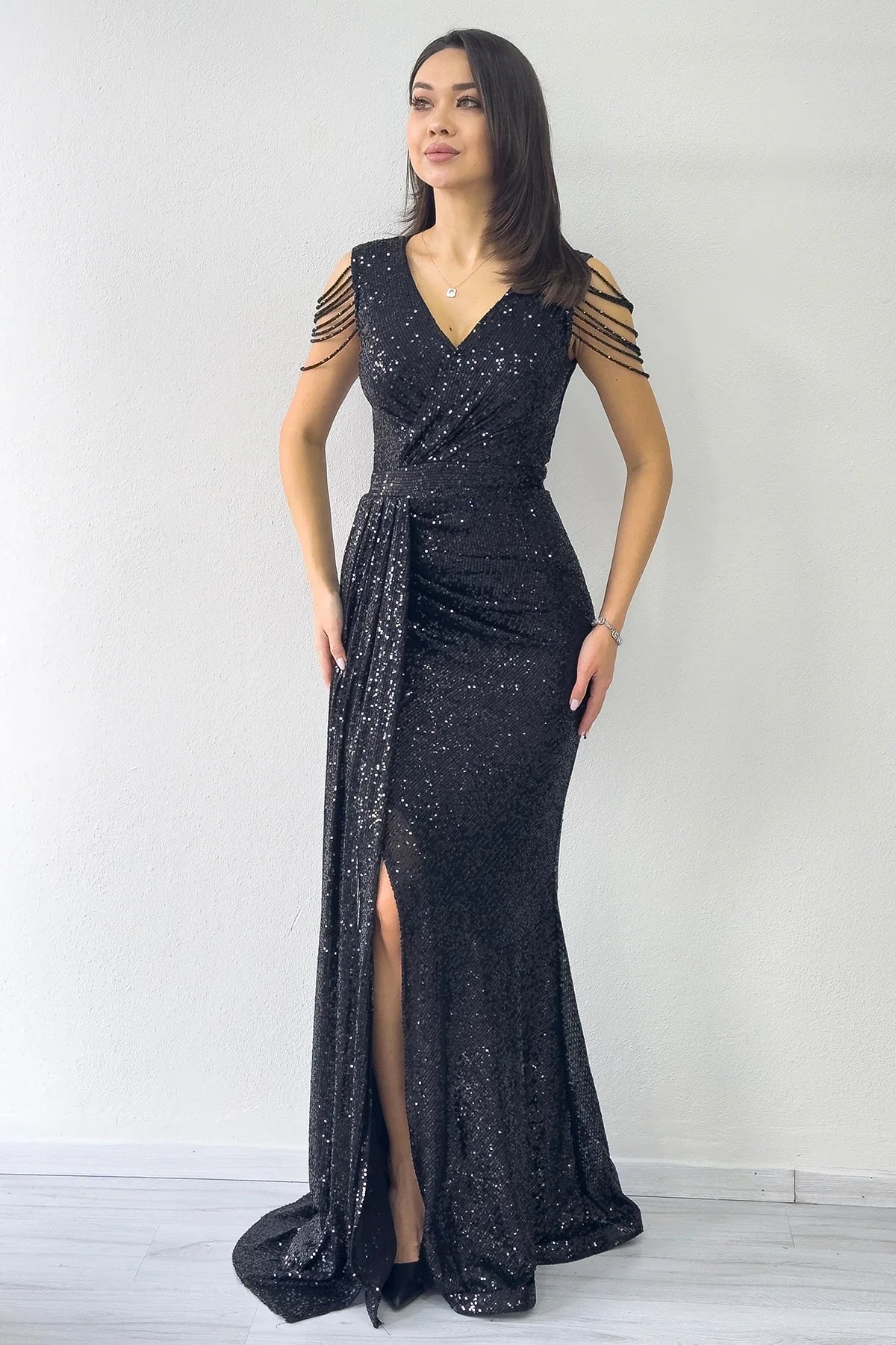 Women's Black Wrap Neck Omuz Detail Sequin Plus Size Evening Gown