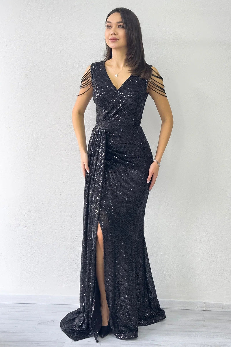 Women's Black Wrap Neck Omuz Detail Sequin Plus Size Evening Gown
