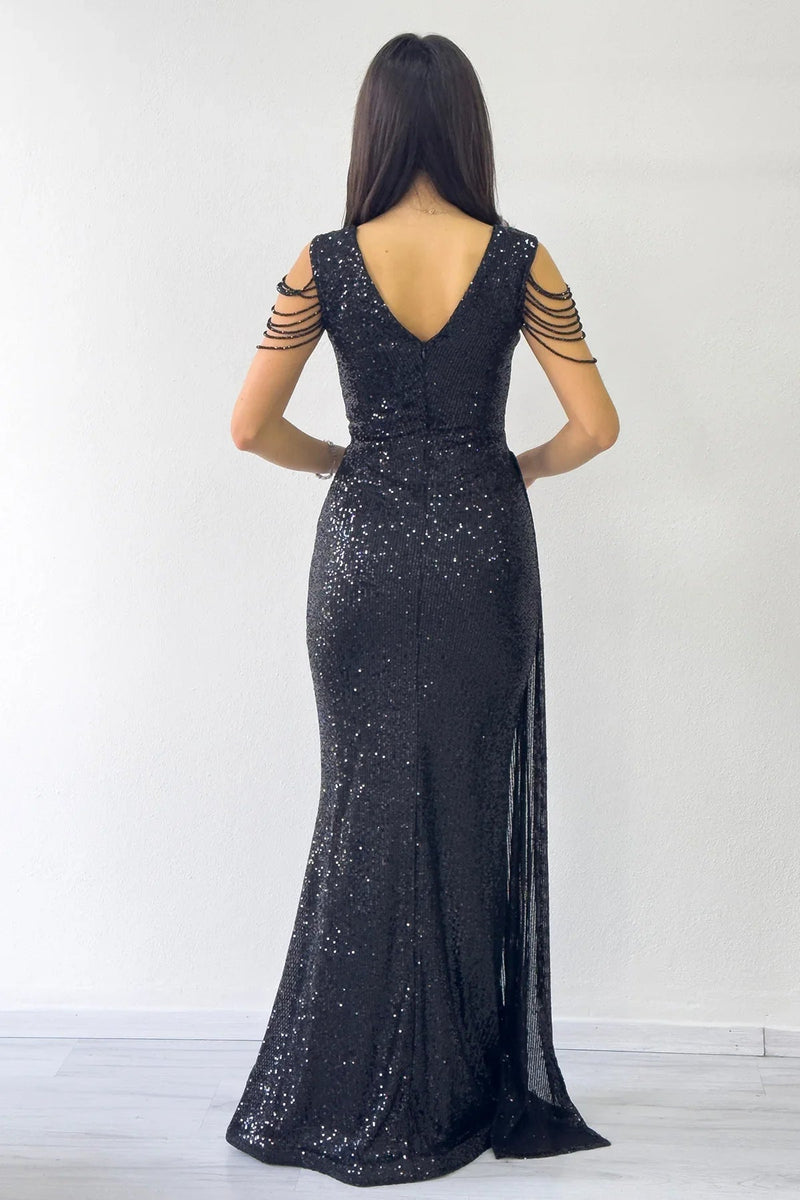 Women's Black Wrap Neck Omuz Detail Sequin Plus Size Evening Gown