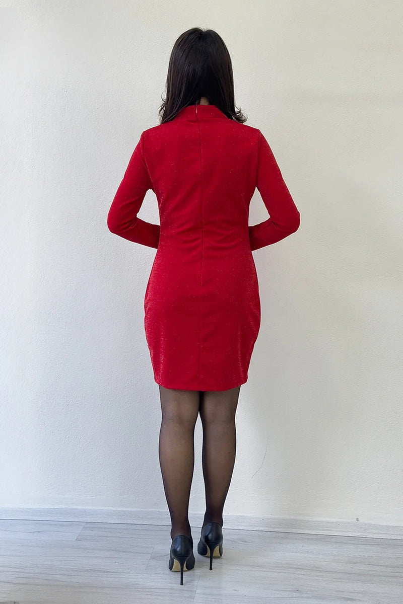 Women's Red High Neck Glitter Long Sleevelu Short Dress