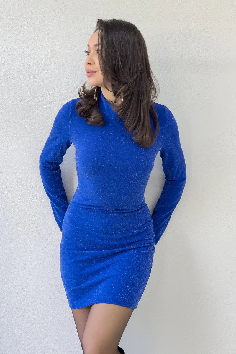 Women's Saxe High Neck Glitter Long Sleevelu Short Dress