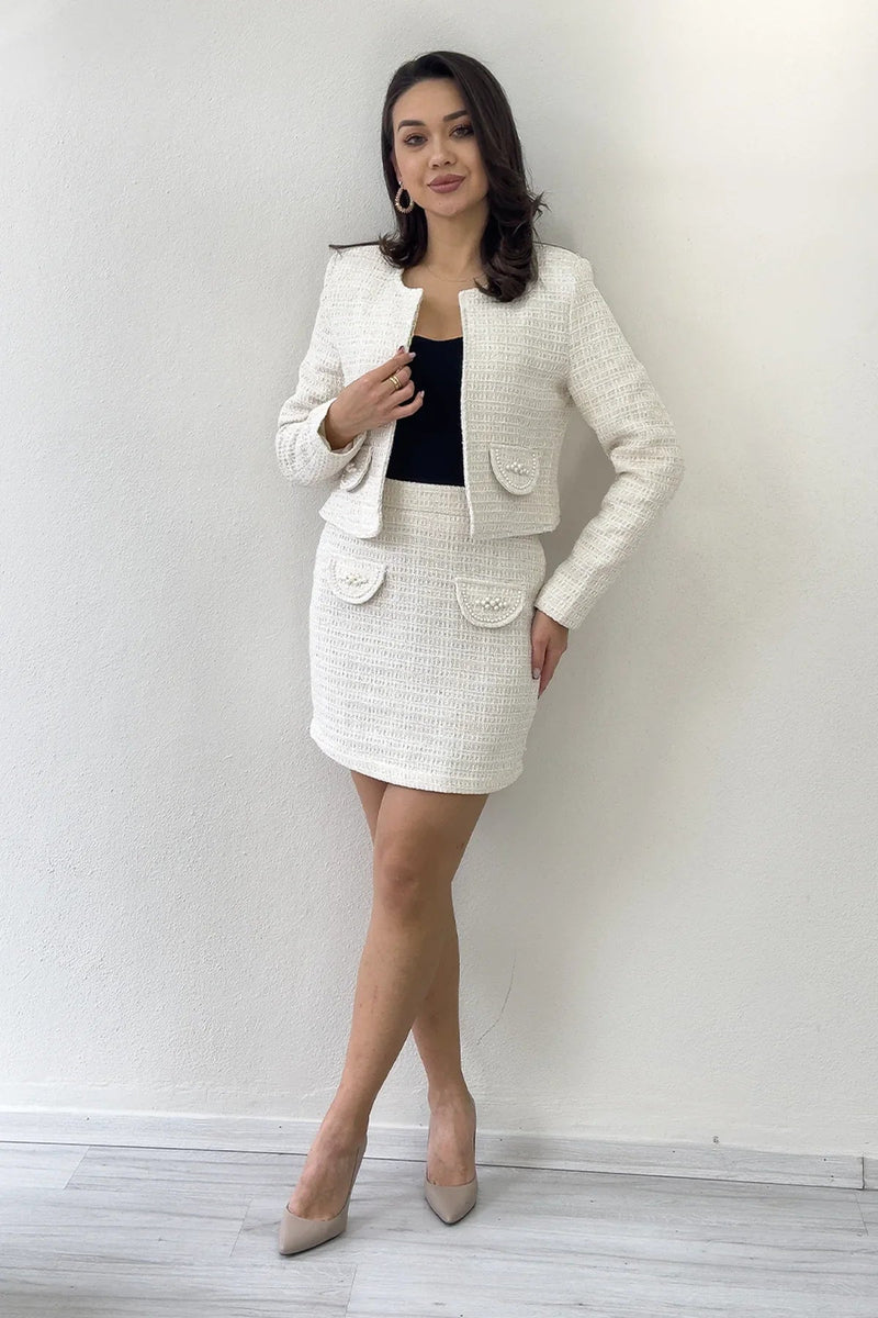 Women's Ecru İnci Detail Jacket Skirt Two-Piece Set