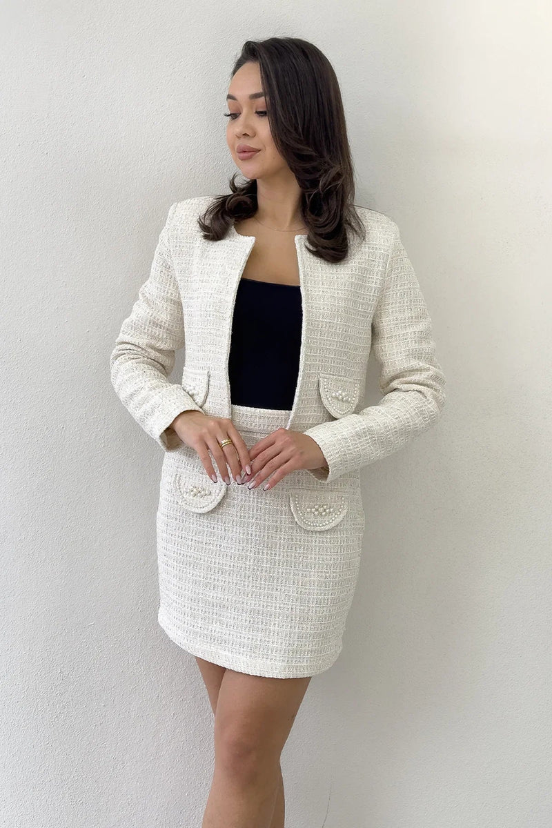 Women's Ecru İnci Detail Jacket Skirt Two-Piece Set