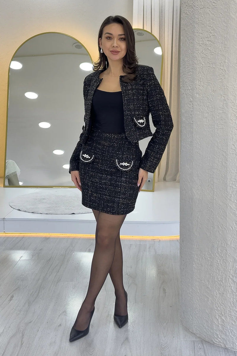 Women's Black İnci Detail Jacket Skirt Two-Piece Set