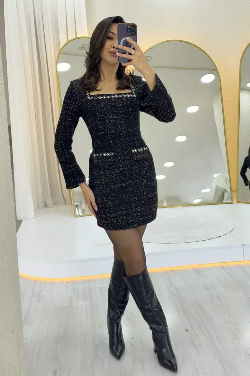 Women's Black Square Neck Crystal Embellished Tweed Dress
