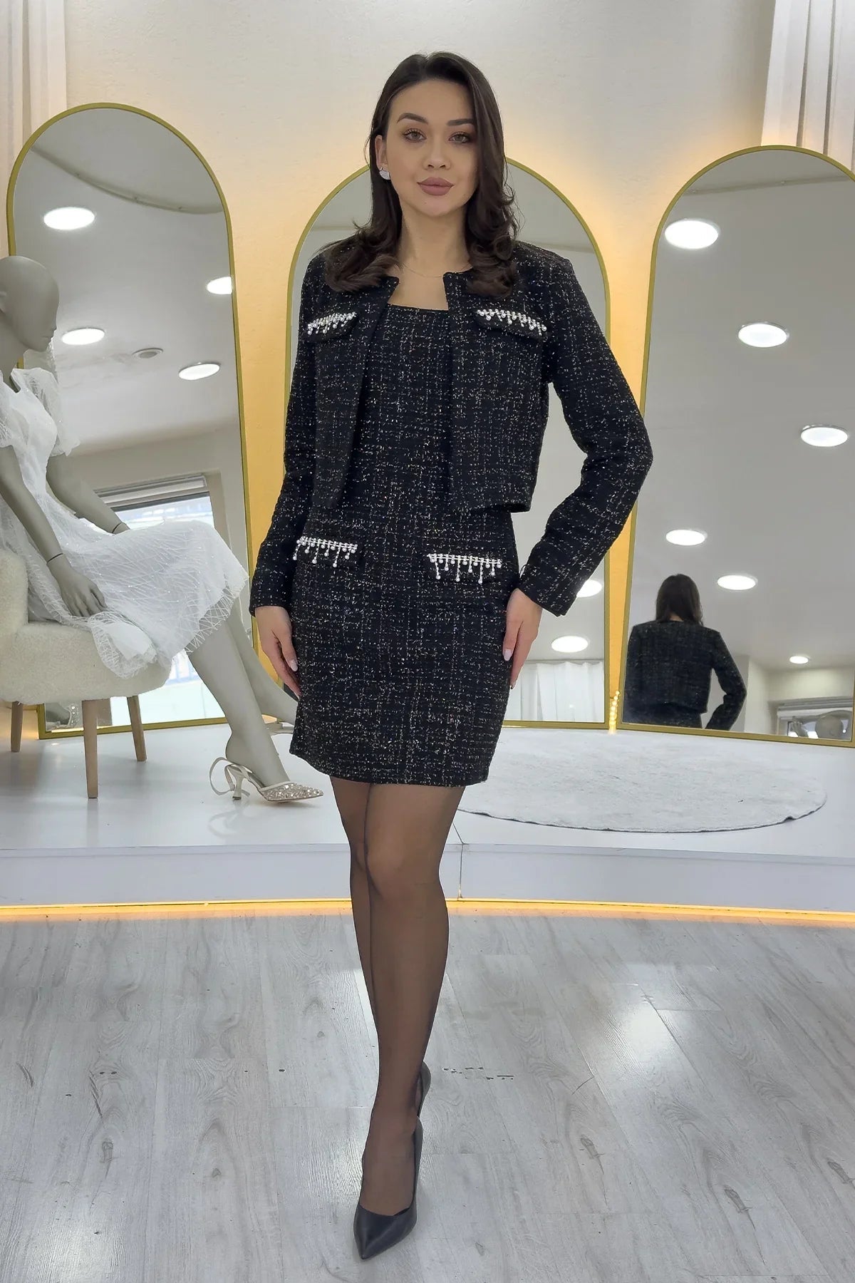 Women's Black Crystal Embellished Jacket Dress Tweed Two-Piece Set