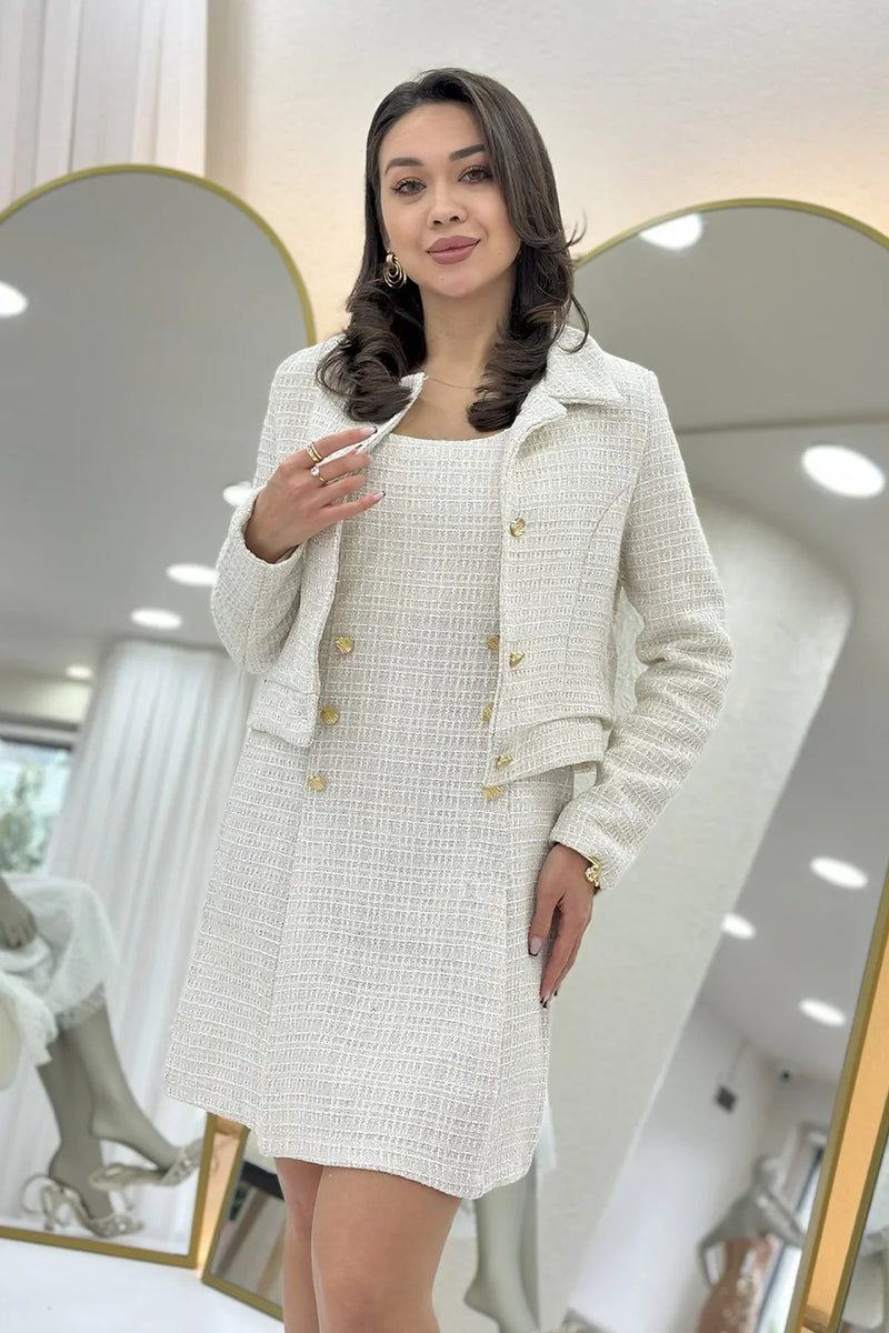 Women's Ecru Düğme Detail Jacket Dress Two-Piece Set