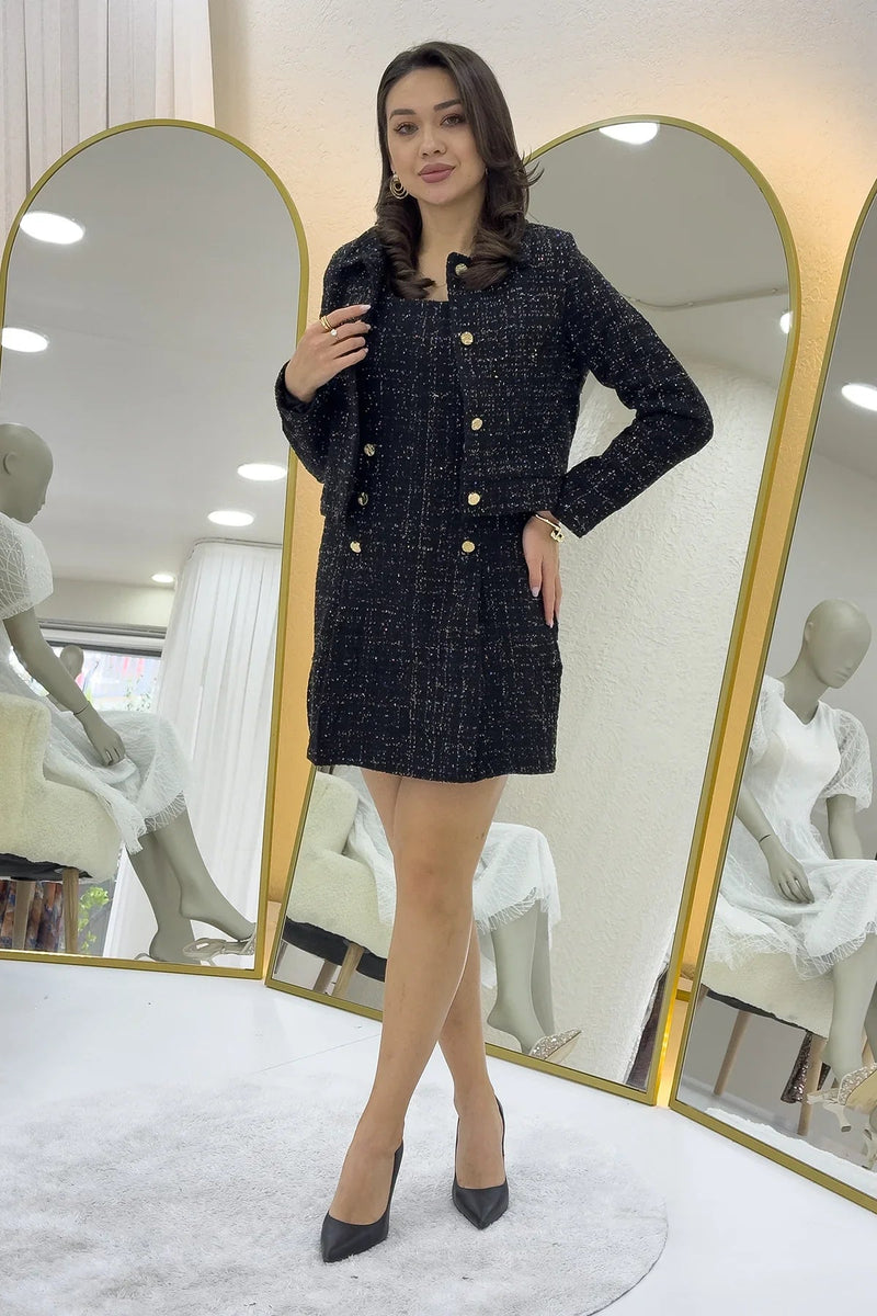 Women's Black Düğme Detail Jacket Dress Tweed Two-Piece Set