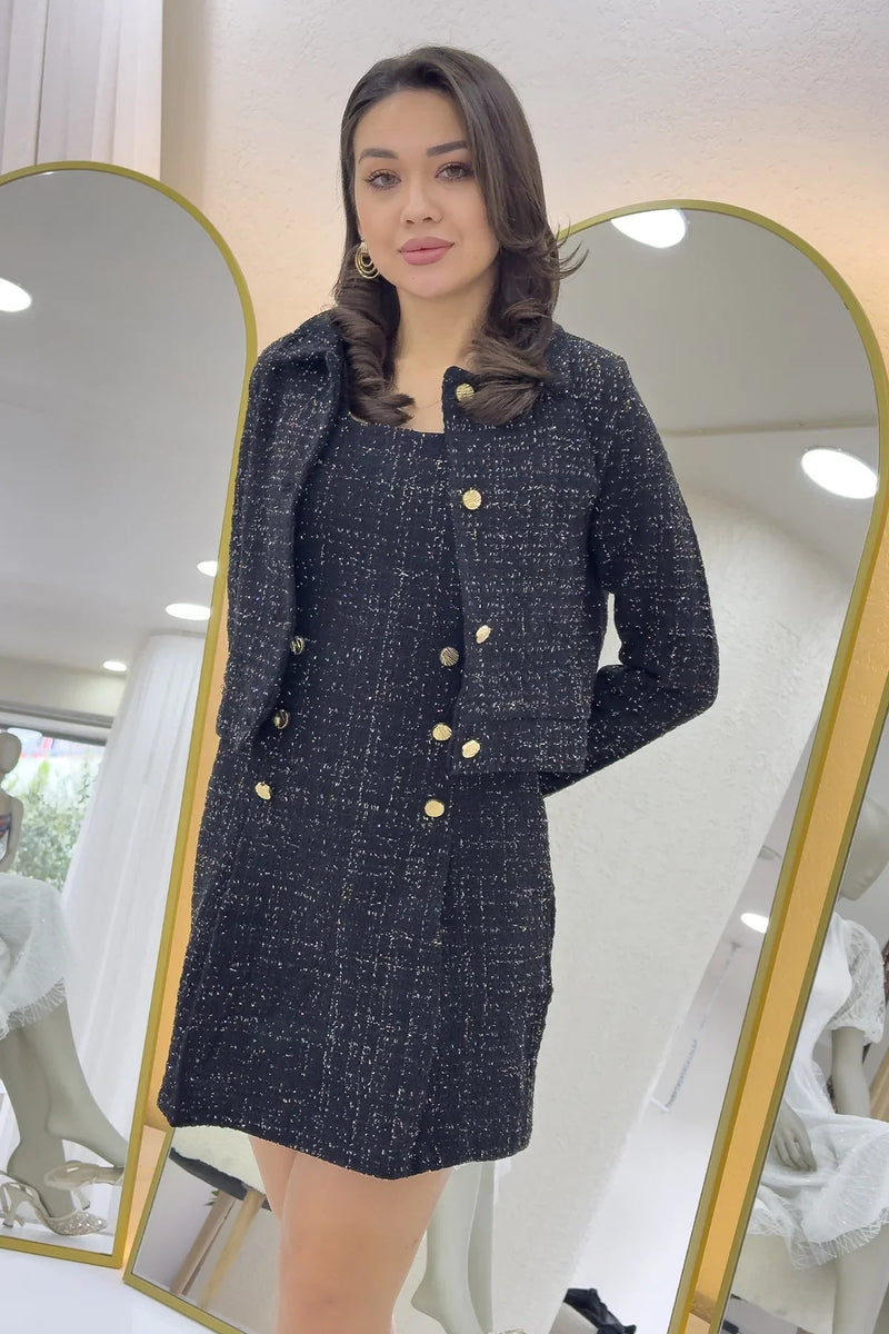 Women's Black Düğme Detail Jacket Dress Tweed Two-Piece Set