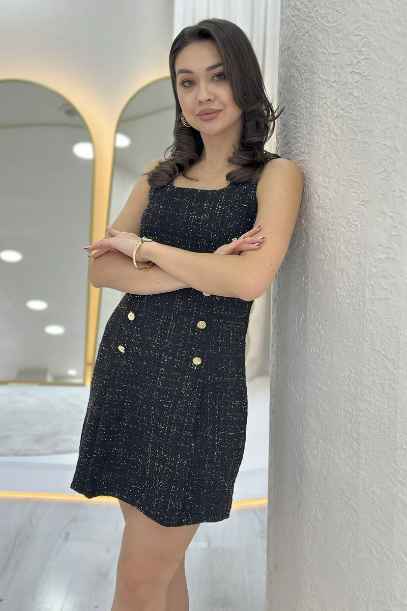 Women's Black Düğme Detail Jacket Dress Tweed Two-Piece Set