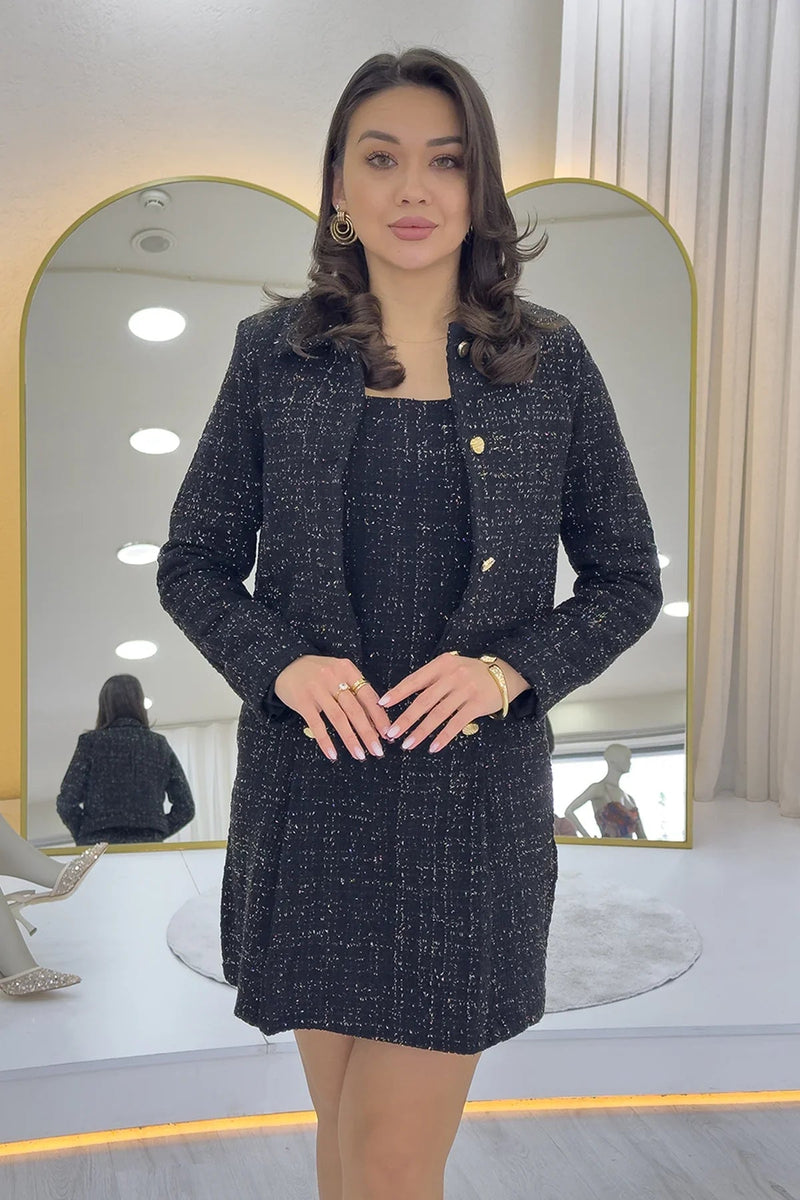 Women's Black Düğme Detail Jacket Dress Tweed Two-Piece Set