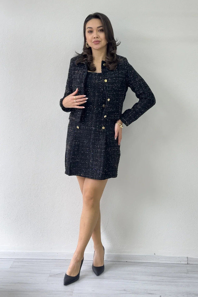 Women's Black Düğme Detail Jacket Dress Tweed Two-Piece Set
