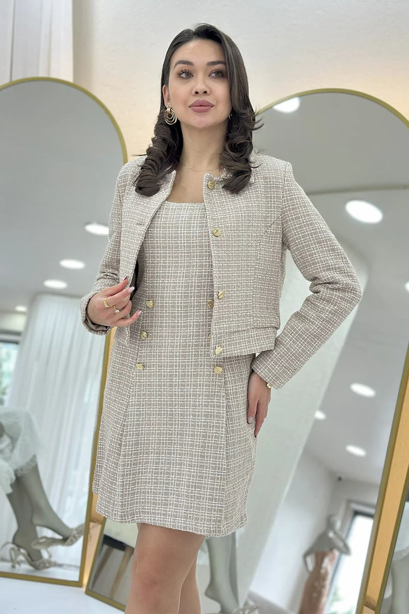 Women's Mink Düğme Detail Jacket Dress Tweed Two-Piece Set