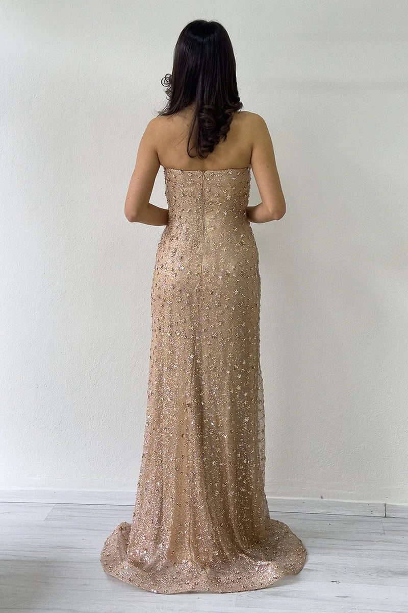 Women's Gold Strapless Crystal Embellished Long Evening Gown