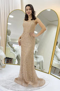 Gold Stone Embellished Straggle Maxi Evening Dress