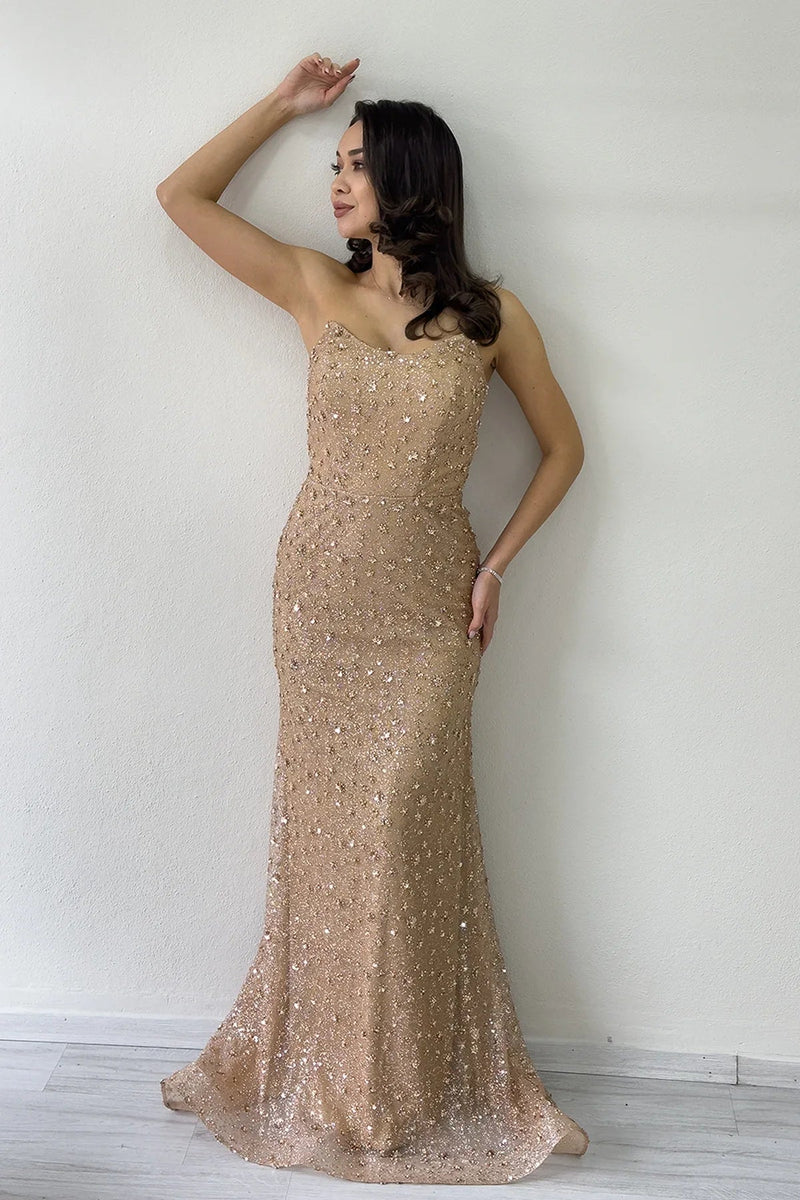 Women's Gold Strapless Crystal Embellished Long Evening Gown