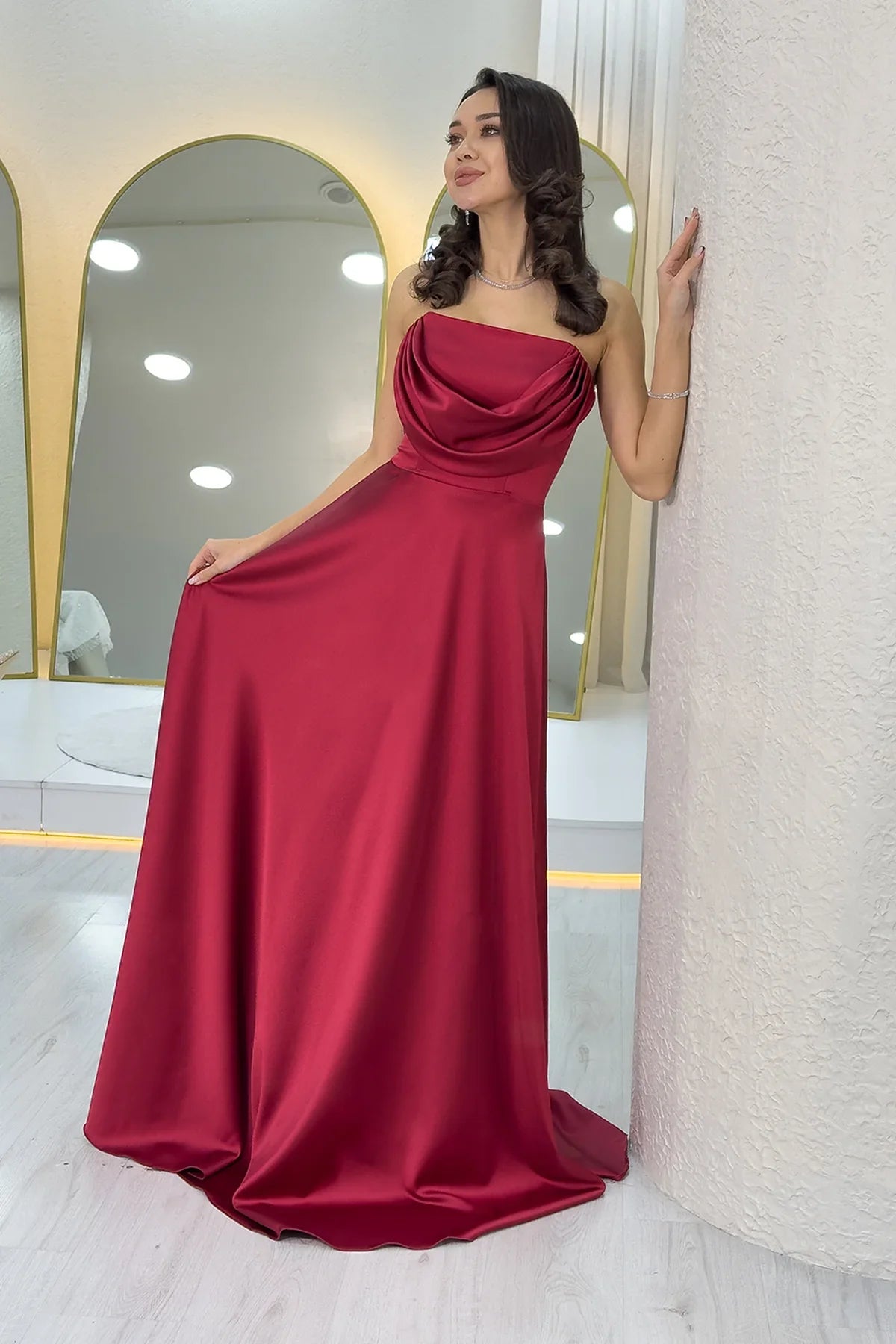 Women's Burgundy Strapless Satin Long Evening Gown