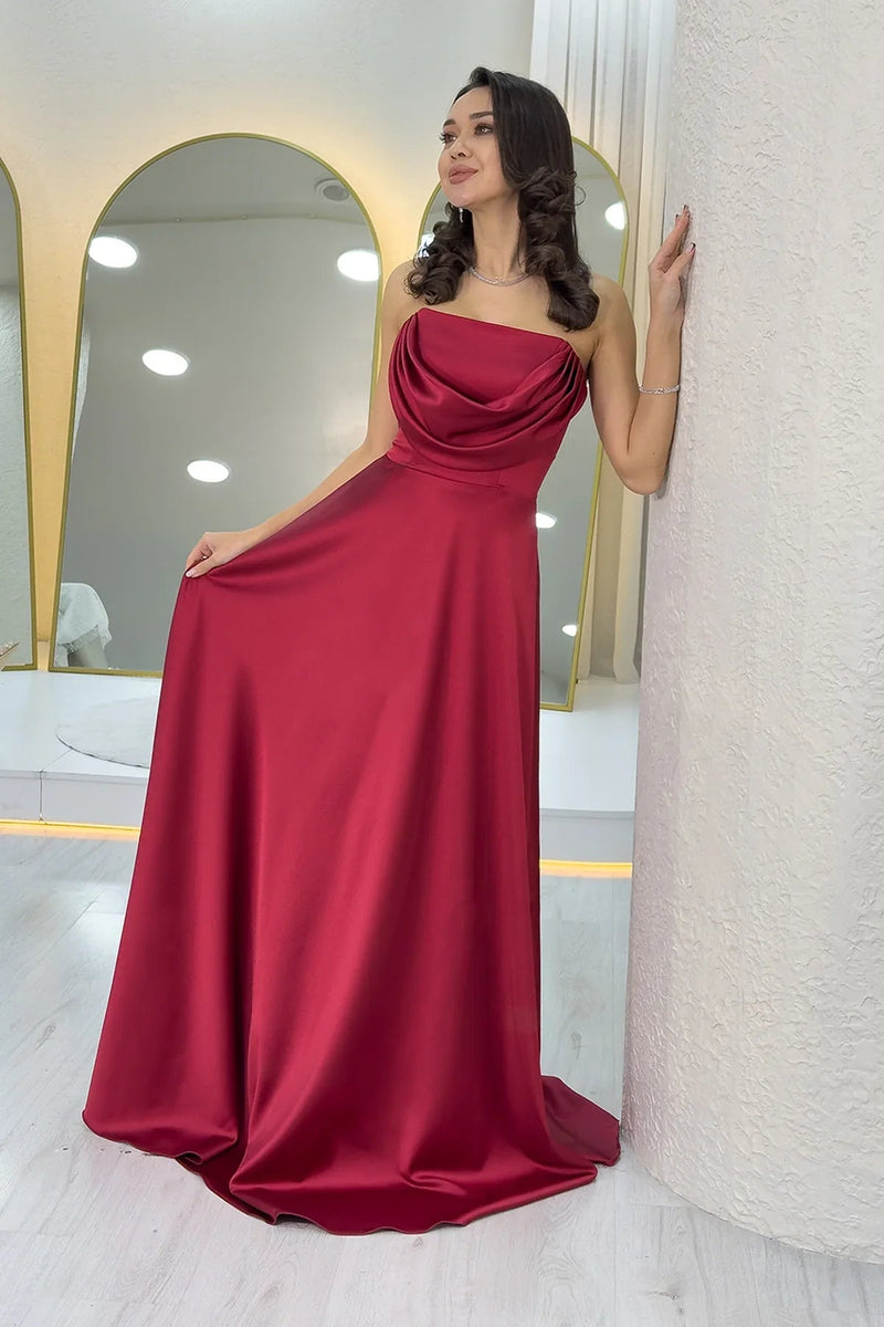 Women's Burgundy Strapless Satin Long Evening Gown