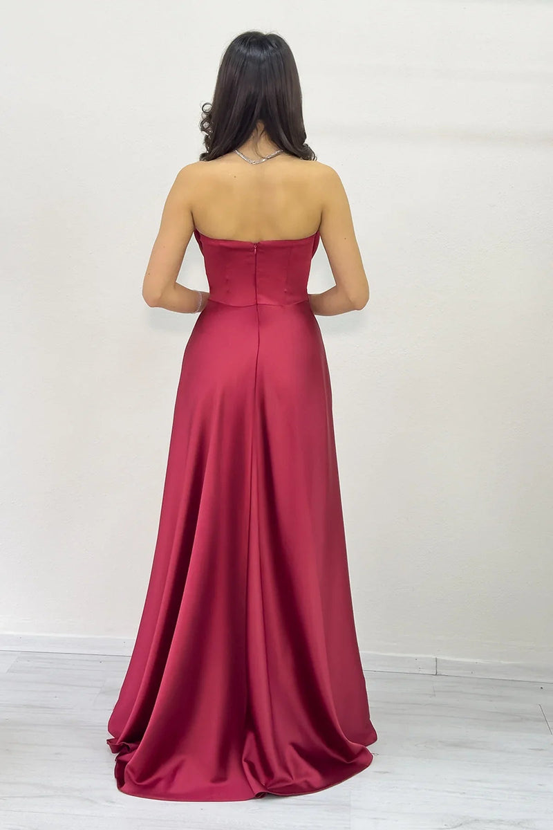 Women's Burgundy Strapless Satin Long Evening Gown