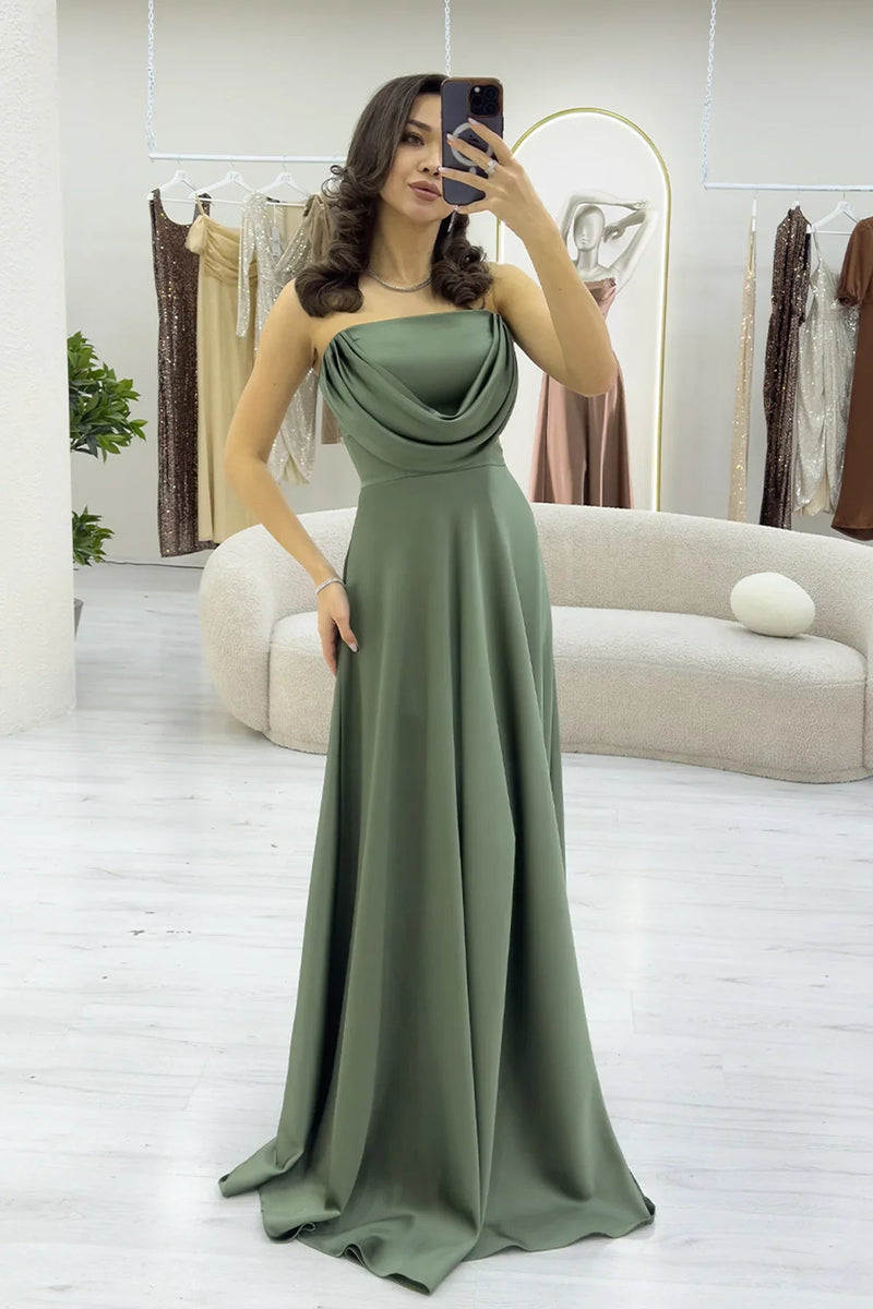 Women's Khaki Strapless Satin Long Evening Gown