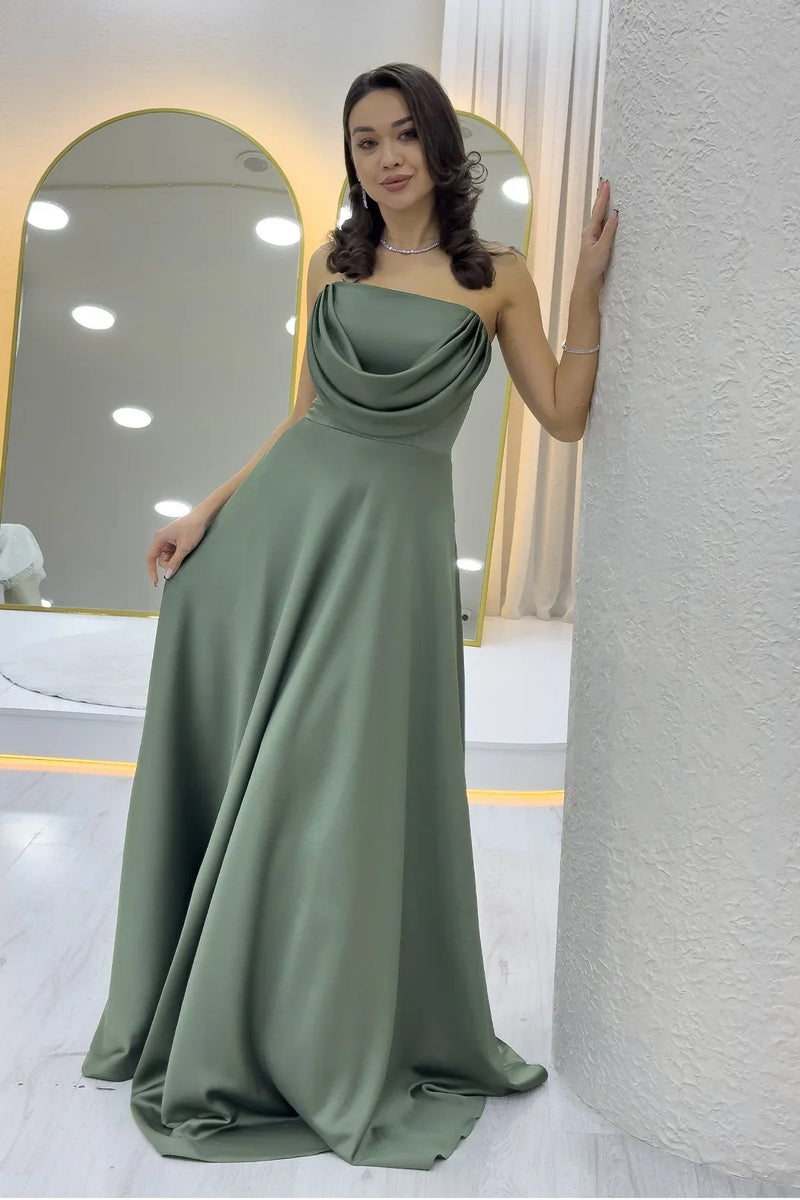 Women's Khaki Strapless Satin Long Evening Gown