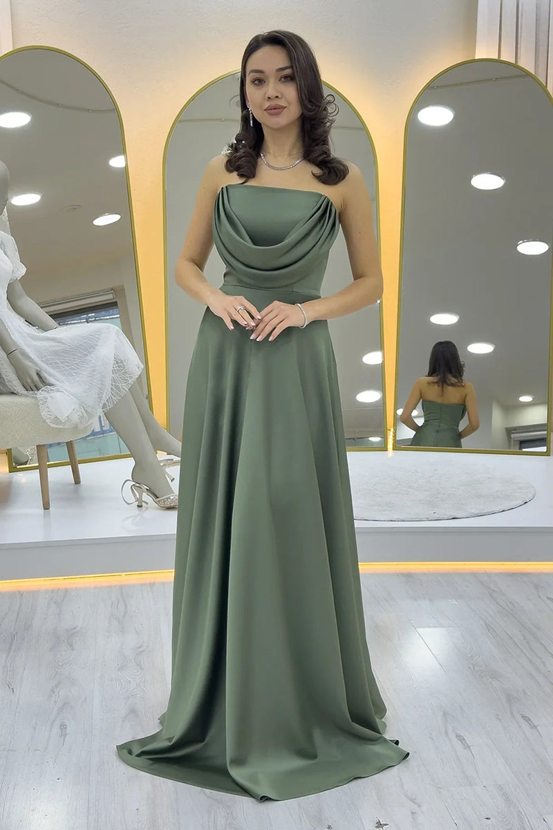 Women's Khaki Strapless Satin Long Evening Gown