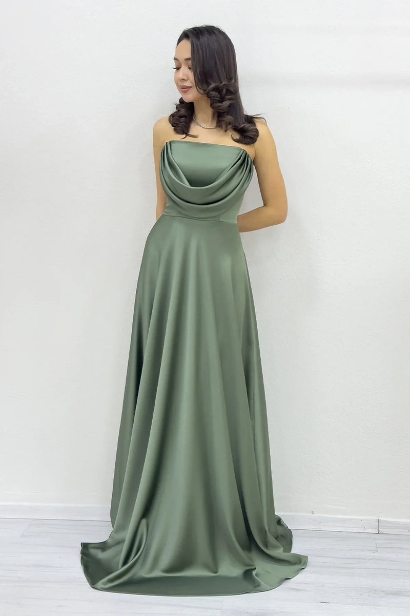 Women's Khaki Strapless Satin Long Evening Gown