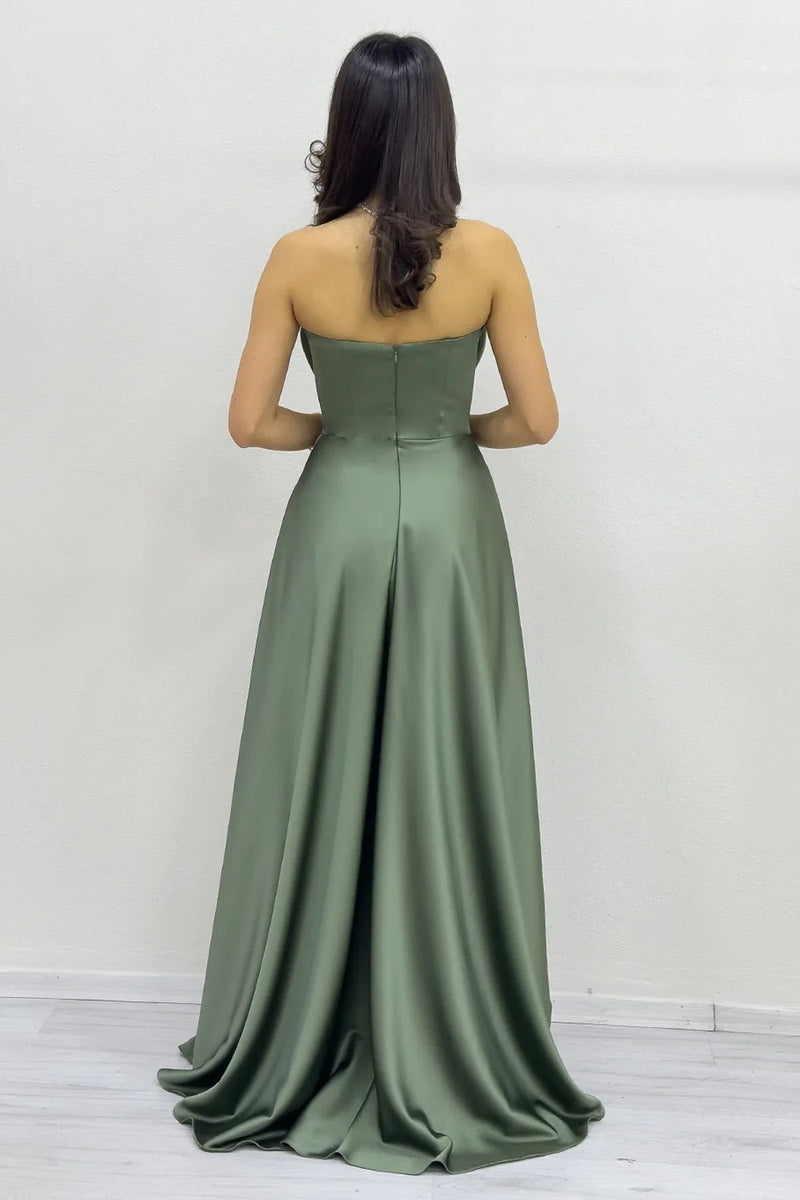 Women's Khaki Strapless Satin Long Evening Gown