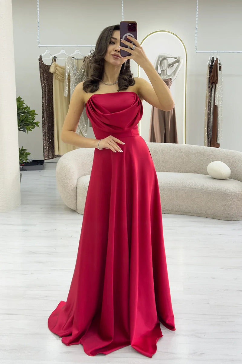 Women's Red Strapless Satin Long Evening Gown