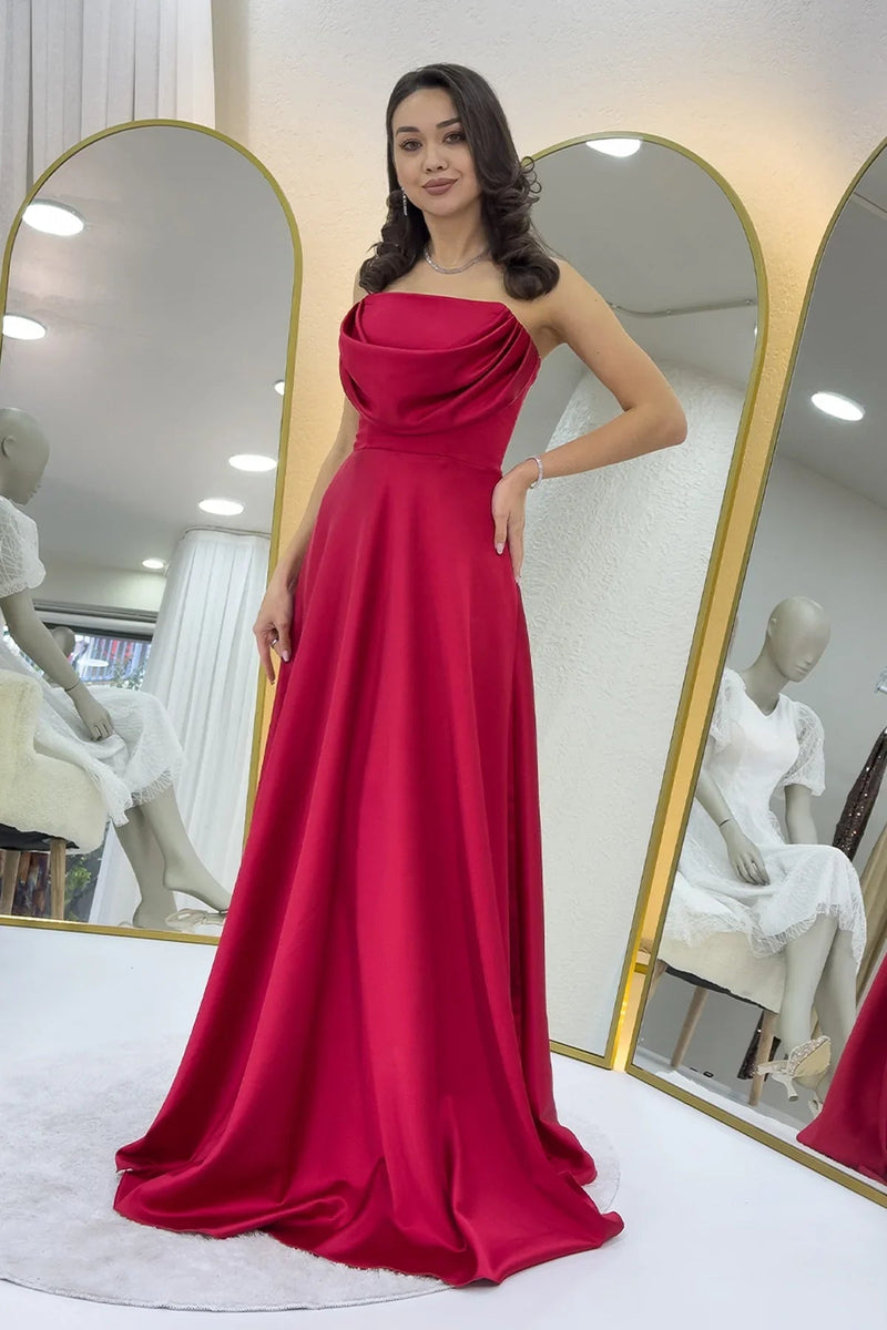 Women's Red Strapless Satin Long Evening Gown