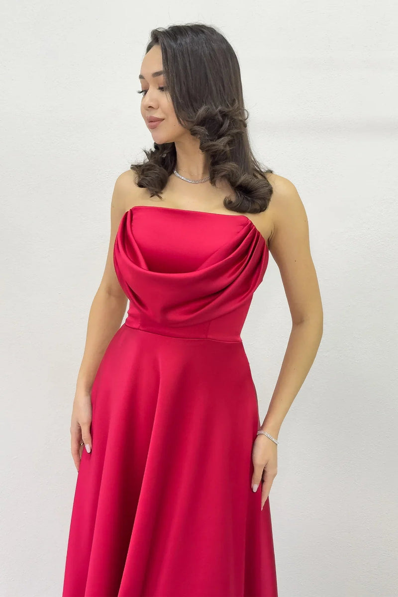 Women's Red Strapless Satin Long Evening Gown