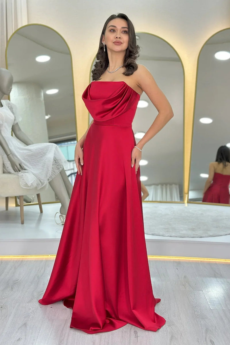 Women's Red Strapless Satin Long Evening Gown