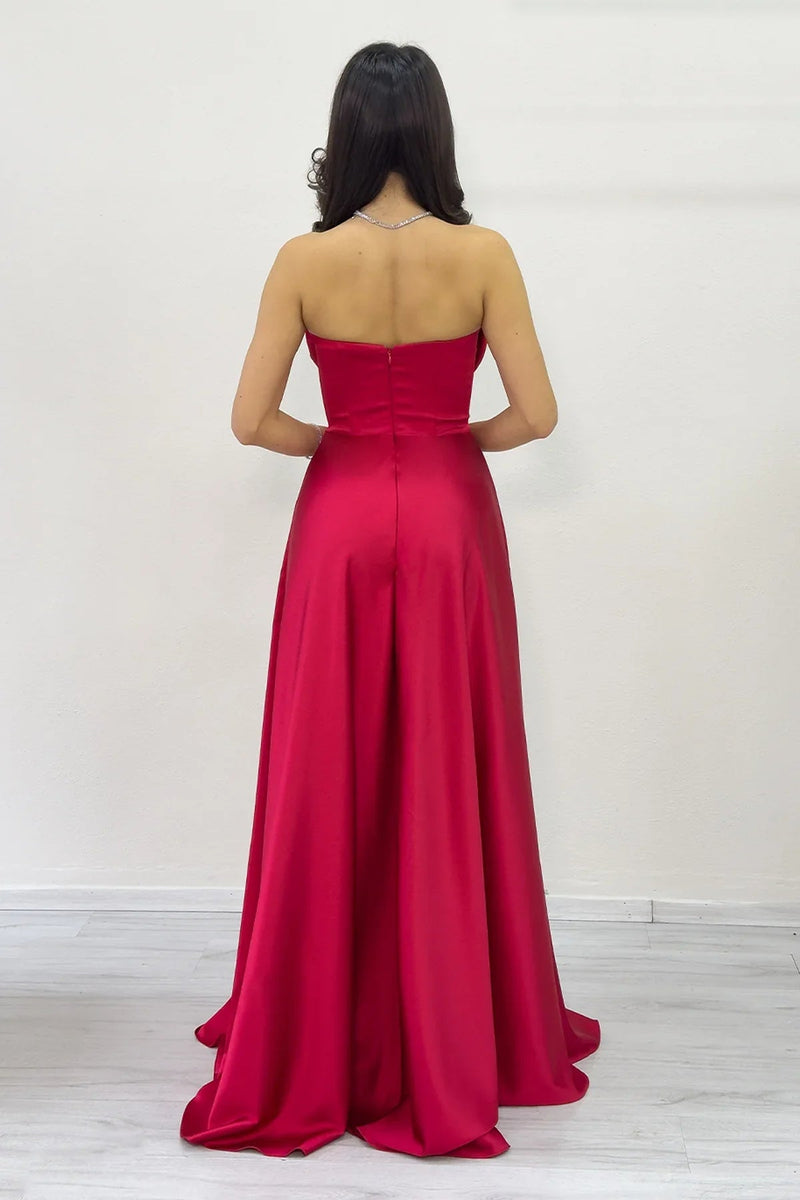 Women's Red Strapless Satin Long Evening Gown