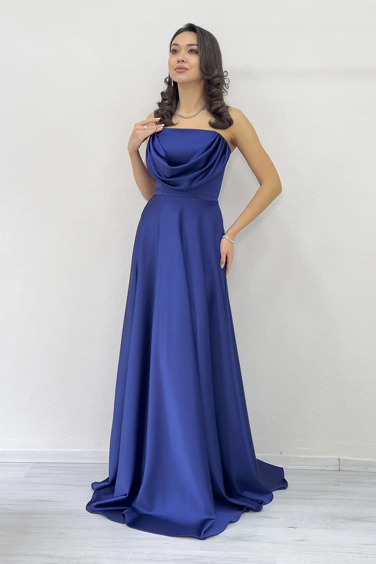 Women's Navy Blue Strapless Satin Long Evening Gown