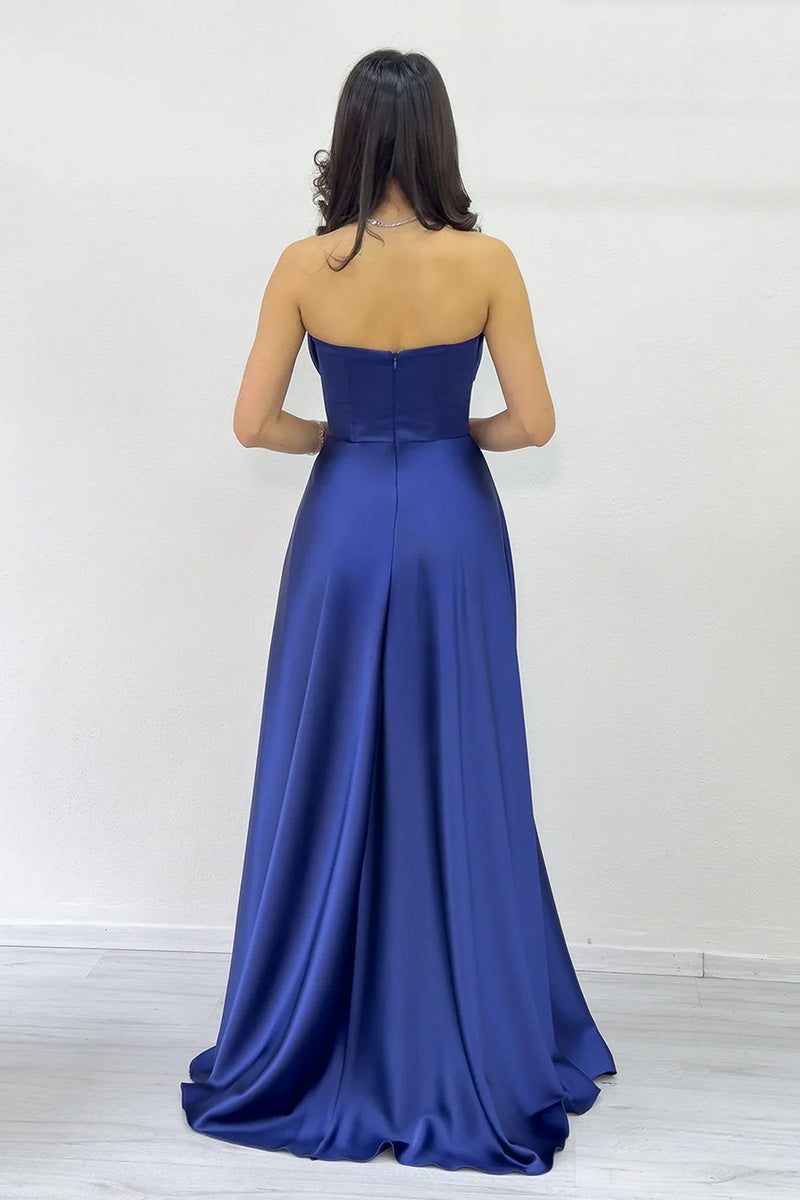 Women's Navy Blue Strapless Satin Long Evening Gown