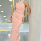 Powder Pink Beaded Maxi Evening Dress