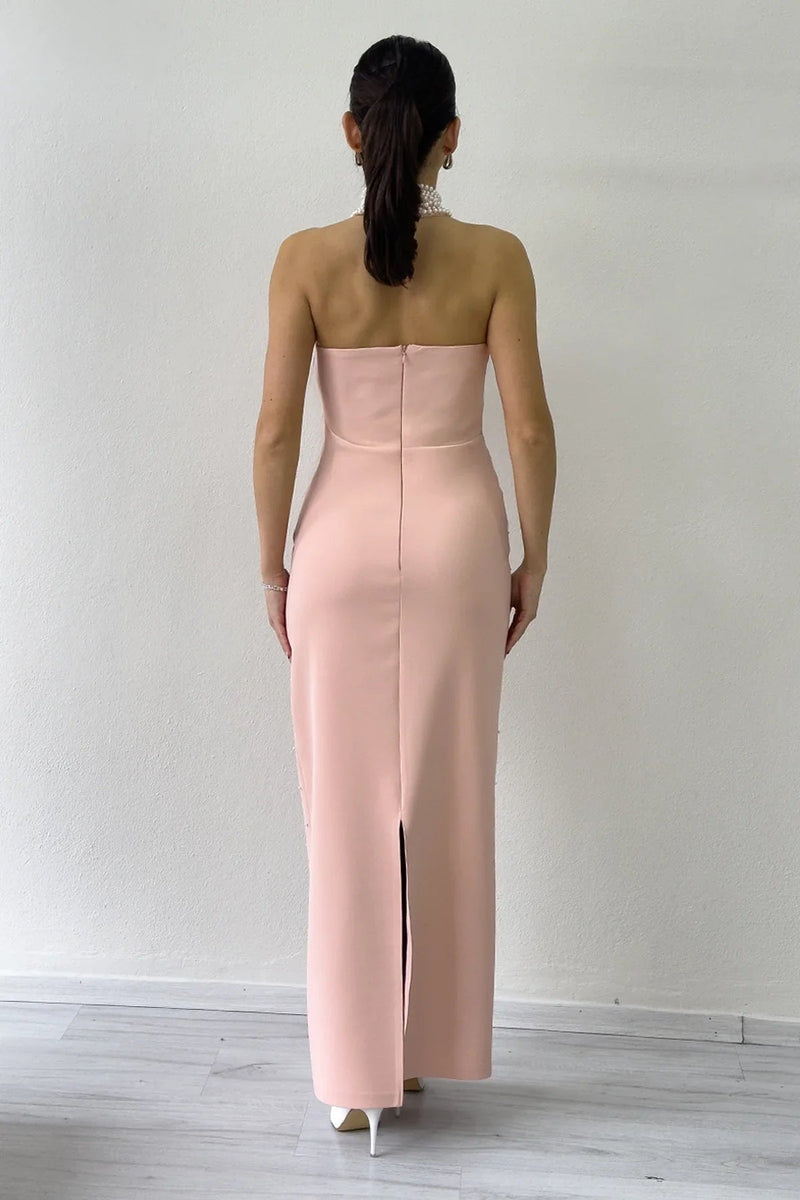 Women's Powder Pink Pearl Halter Neck Evening Gown