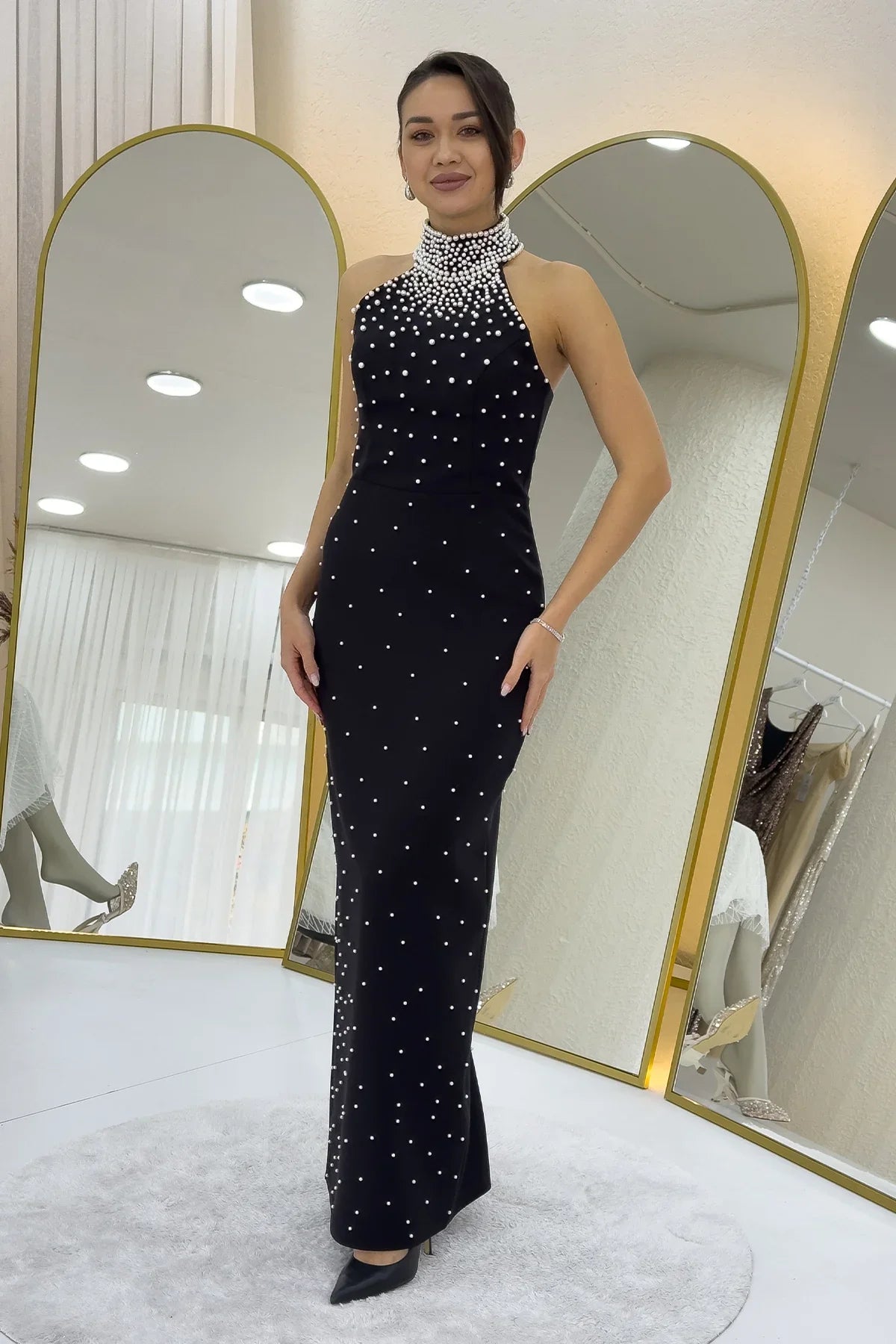 Women's Black Pearl Halter Neck Evening Gown