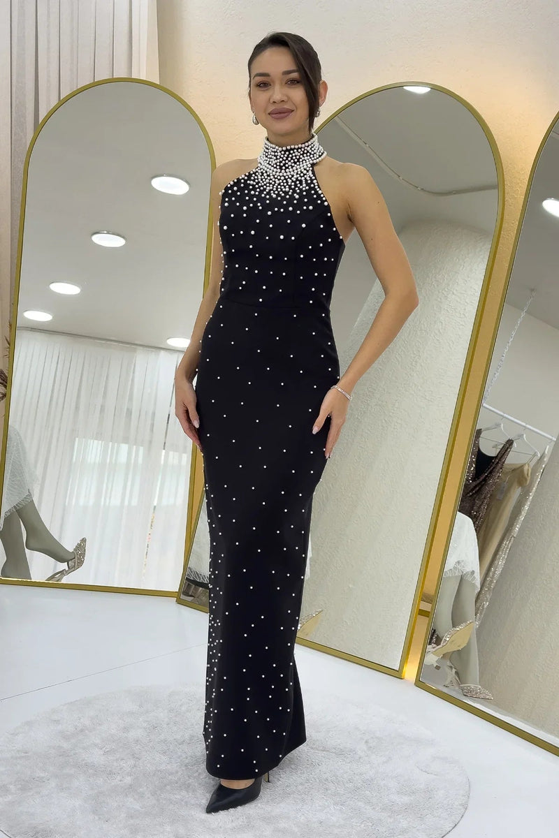 Women's Black Pearl Halter Neck Evening Gown