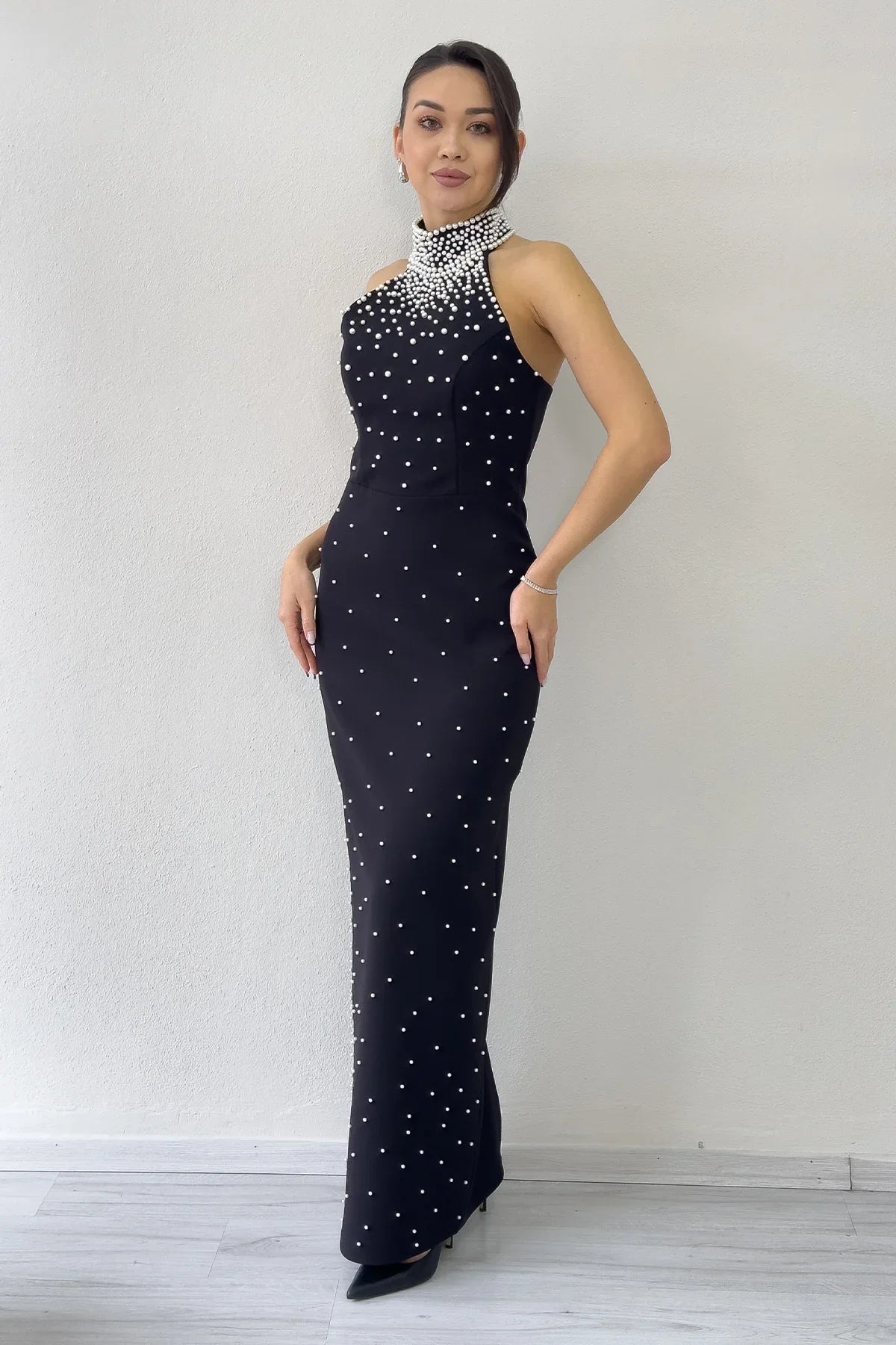 Women's Black Pearl Halter Neck Evening Gown