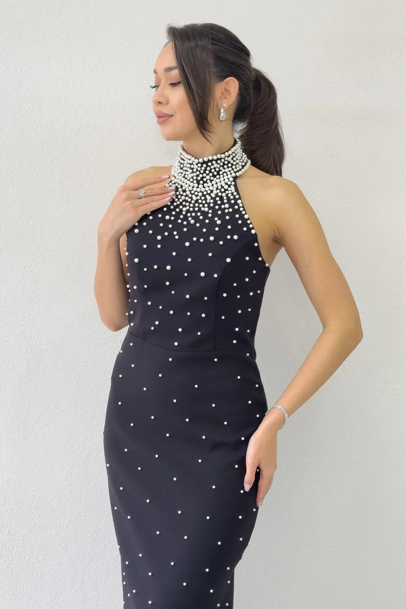 Women's Black Pearl Halter Neck Evening Gown