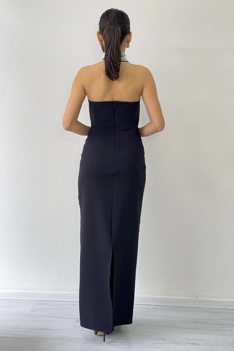 Women's Black Pearl Halter Neck Evening Gown